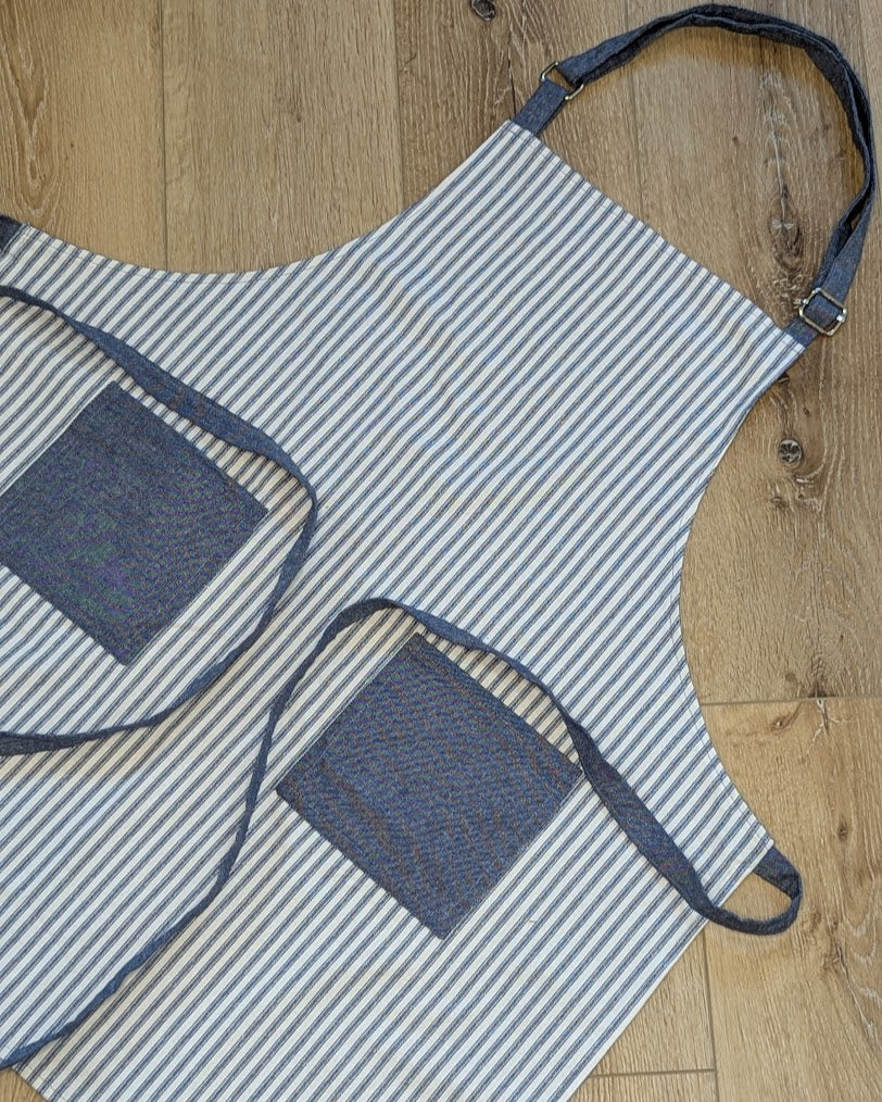 Classic Apron w/ Blue Ticking Stripe