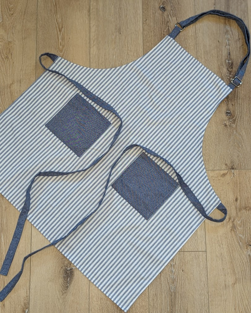 Classic Apron w/ Blue Ticking Stripe